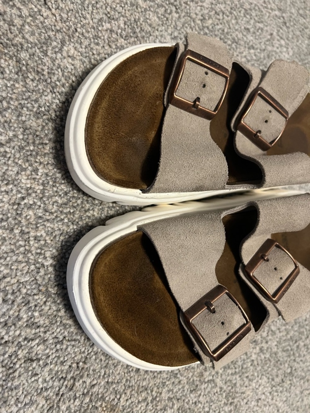 Papillio Taupe Suede Double Buckle Slide Sandals with White Sole - Picture 4 of 7